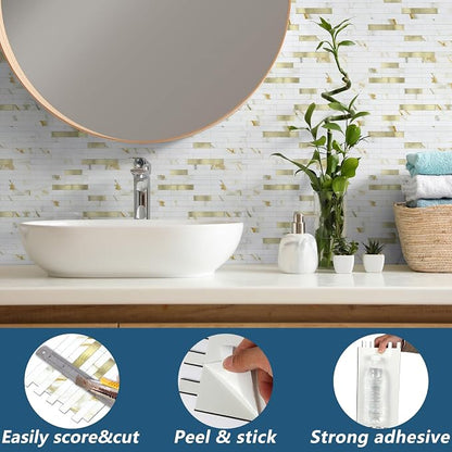 Yipscazo 20 Sheets Peel and Stick Stone Metal Backsplash, PVC Wall Tiles Stick on Tiles for Backsplash Kitchen, Bathroom, Fireplace (6'' X 12'', Calar Golden)