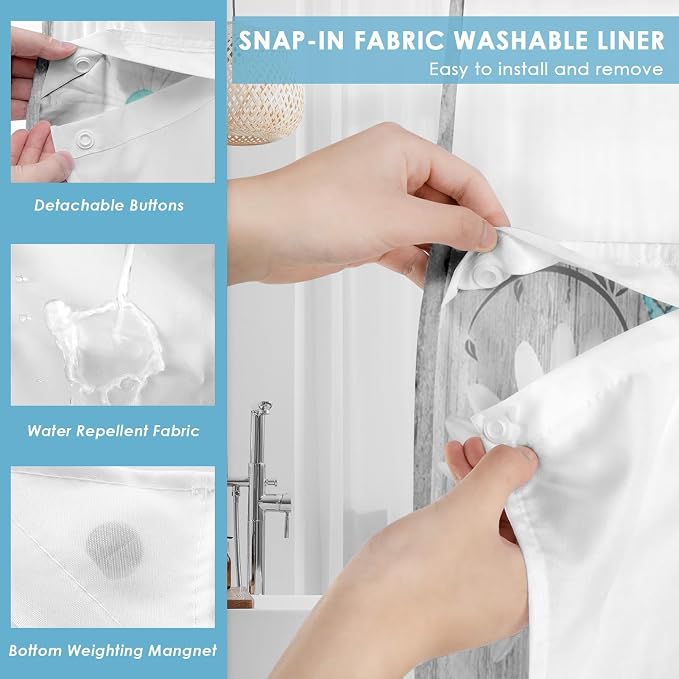 No Hook Shower Curtain with Snap in Liner 71x86 Inch Daisy Flower | Wooden Boards Gray Modern Double Layers Waterproof Fabric with See Through Top Window Open Grommet Bath Curtain