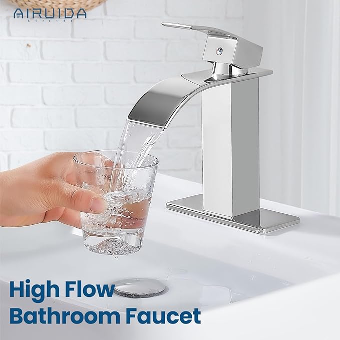 Airuida Chrome Polish Waterfall Spout Bathroom Faucet Single Handle Single Hole Bathroom Sink Faucet 1 or 3 Holes Rv Lavatory Vanity Faucet Basin Mixer Tap with Deck Plate and Supply Lines