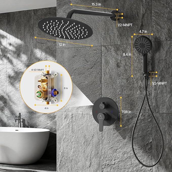 Shower Faucet Set 12IN Brass Rough-In Valve Body Trim Kit Rainfall Included Handle Accessories Complete 2 Functions with Rain Head and Handheld Bathroom Systems (12'', Matte Black)