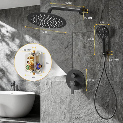 Shower Faucet Set 12IN Brass Rough-In Valve Body Trim Kit Rainfall Included Handle Accessories Complete 2 Functions with Rain Head and Handheld Bathroom Systems (12'', Matte Black)