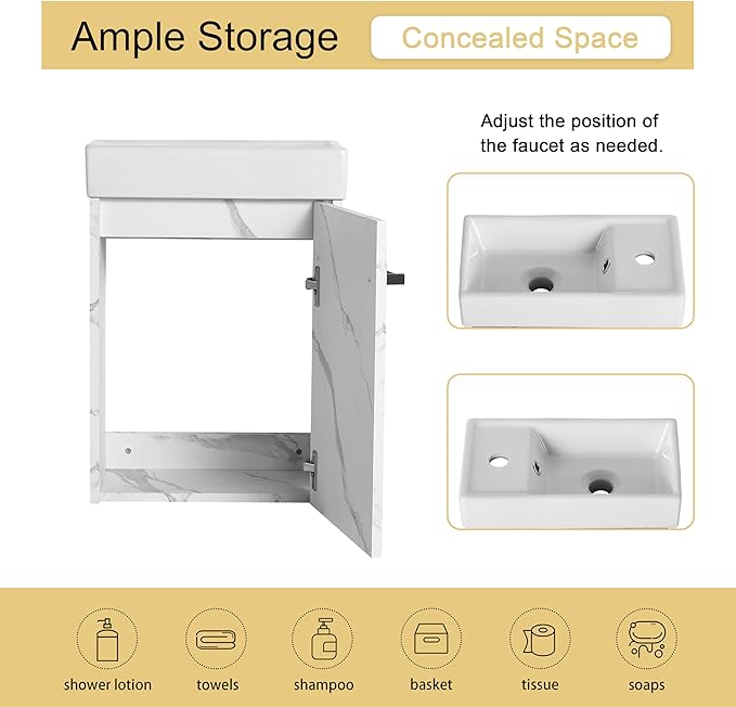 Malwee 16" Floating Bathroom Vanity with Sink, 16 inch Modern White Wall Mounted Bathroom Cabinet Combo for Small Space, Narrow Bath Wall-Hung Vanity Set with 1 Ceramic Basin and 1 Door(16cw)