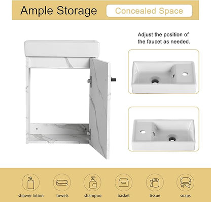 Malwee 16" Floating Bathroom Vanity with Sink, 16 inch Modern White Wall Mounted Bathroom Cabinet Combo for Small Space, Narrow Bath Wall-Hung Vanity Set with 1 Ceramic Basin and 1 Door(16cw)