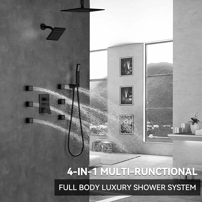 Shower System Matte Black Dual Shower Head with Body Jets, Oupukle Four Modes Shower Faucet Set Ceiling Mount 12" Rain Shower Head & 6" Wall Mounted Head with 6PCS Body Jets