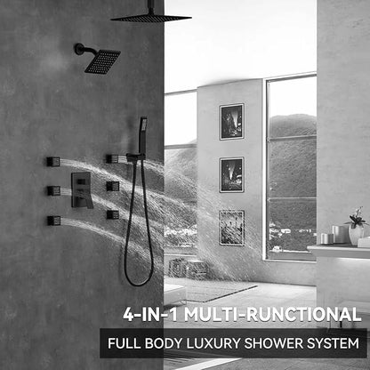 Shower System Matte Black Dual Shower Head with Body Jets, Oupukle Four Modes Shower Faucet Set Ceiling Mount 12" Rain Shower Head & 6" Wall Mounted Head with 6PCS Body Jets