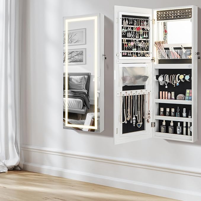 CHARMAID LED Mirror Jewelry Cabinet, Lockable Jewelry Armoire with Adjustable Lighted Full Length Mirror, 3 Lighting Sets, Wall Mounted Door Hanging Jewelry Storage Organizer (Grayish White, 42.5''H)