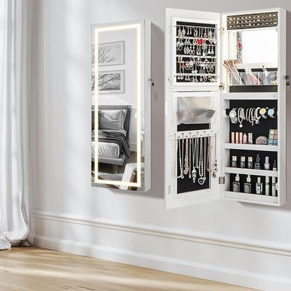 CHARMAID LED Mirror Jewelry Cabinet, Lockable Jewelry Armoire with Adjustable Lighted Full Length Mirror, 3 Lighting Sets, Wall Mounted Door Hanging Jewelry Storage Organizer (Grayish White, 42.5''H)