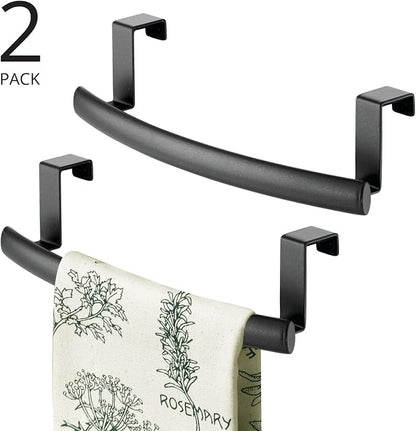 mDesign Steel Over Door Curved Towel Bar Storage, Hanger for Cabinet or Cupboard, Holder Rack for Kitchen, Bathroom - Holds Hand/Dish Towels, Washcloths - Spira Collection - 2 Pack - Black