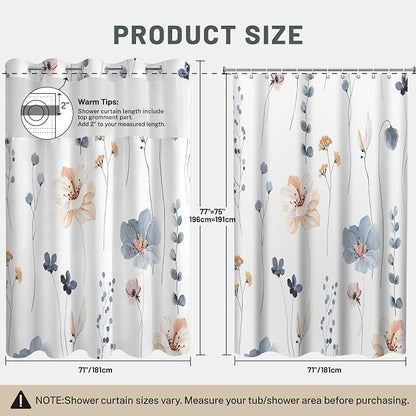 No Hook Floral Shower Curtain with Liner, Blue Beige, 71x77 | Snap in Liner, 3 in 1, Water Repellent, Easy Install, Machine Washable, Hotel Style for Bathroom, Watercolor Pattern