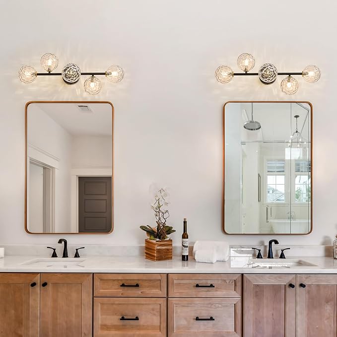 Bathroom Vanity Mirror Light Fixtures: Dimmable 5 Lights Bath Wall Sconce Lighting - Brass Black Vanity Lights with Hammered Clear Glass Shade - Modern Minimalist Makeup Light Above Mirror G9 Base