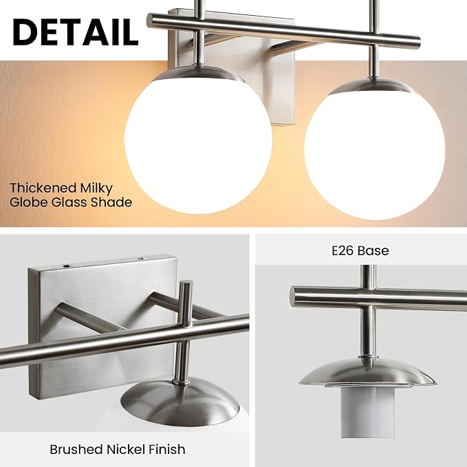 AIJIASI Brushed Nickel Vanity Light for Bathroom, 2-Lights Modern Vanity Lighting with Milky White Frosted Glass Shade, Bathroom Light Fixture Mid Century Wall Sconce (Exclude E26 Bulb)