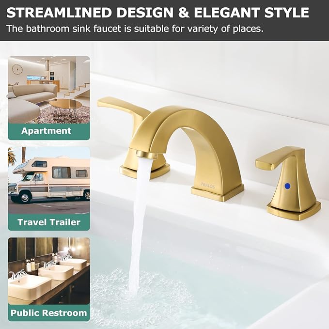 PARLOS 2-Handle Widespread Bathroom Faucet with Metal Pop Up Drain and cUPC Faucet Supply Lines, Brushed Gold, Doris 1417208
