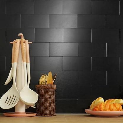Vamos Tile 100-Piece Peel and Stick Backsplash Seamless Tile,3''x6'' Brushed Black Metal Subway Tile,Stick on Backsplash for Kitchen/Bathroom/Laundry Room