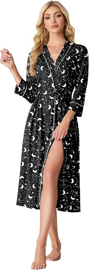 PrinStory Robes for Women 3/4 Sleeve Long Bath Robe XS-4XL | V-Neck Knit Bathrobe with Pockets, Lightweight, Soft, Breathable Robes for Shower, Spa, Travel, Home, Party, Nursing