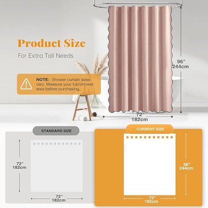 BTTN 96 Inch Shower Curtain, Extra Long Boho Scalloped Linen Textured Heavy Duty Fabric Shower Curtain Set with 12 Hooks, Tall Modern Cute Waterproof Washable Shower Curtains for Bathroom, Blush Pink
