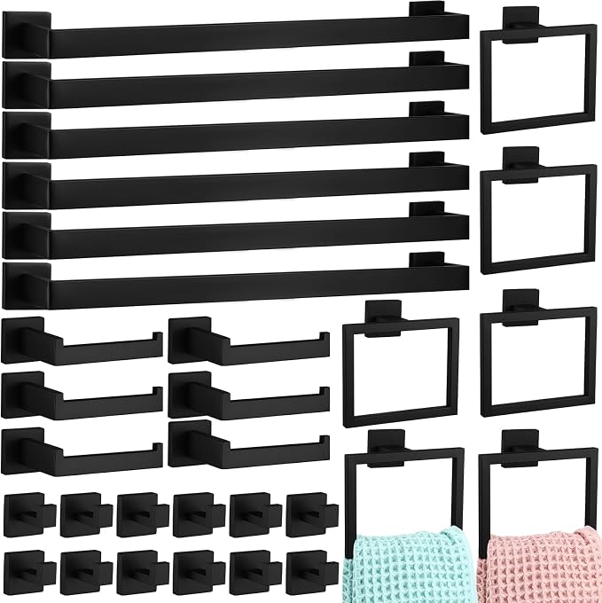 Gisafai 30 Pcs Black Bathroom Hardware Accessories Set 23.6 Inch Bath Towel Bar Kit Stainless Steel Bathroom Hardware Set Towel Racks Ring Robe Hooks Paper Holder for Wall Mounted