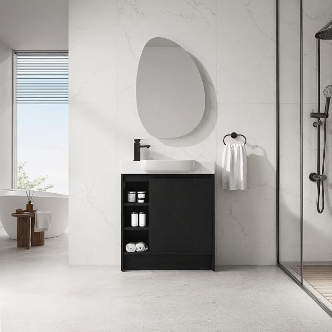 30" Freestanding Bathroom Vanity with Sink, Floor Cabinet, Dark Oak | Integrated Ceramic Sink, Soft-Close Door & 3 Open Storage Shelves, Small Bath Vanity Set, Easy to Clean