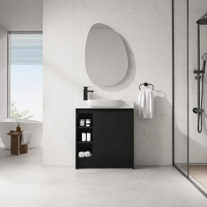 30" Freestanding Bathroom Vanity with Sink, Floor Cabinet, Dark Oak | Integrated Ceramic Sink, Soft-Close Door & 3 Open Storage Shelves, Small Bath Vanity Set, Easy to Clean