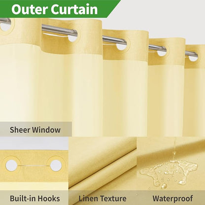 eachope No Hook Linen Texture Shower Curtain with Snap-in Liner,71x80 Gold | 230GSM Thick Fabric,Hotel Luxury Decor,Mesh Top Window,Magnetic Weighted Hem,Waterproof & Machine Washable,for Bathroom