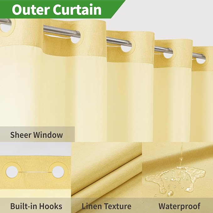 eachope No Hook Linen Texture Shower Curtain with Snap-in Liner,71x74 Gold | 230GSM Thick Fabric,Hotel Luxury Decor,Mesh Top Window,Magnetic Weighted Hem,Waterproof & Machine Washable,for Bathroom