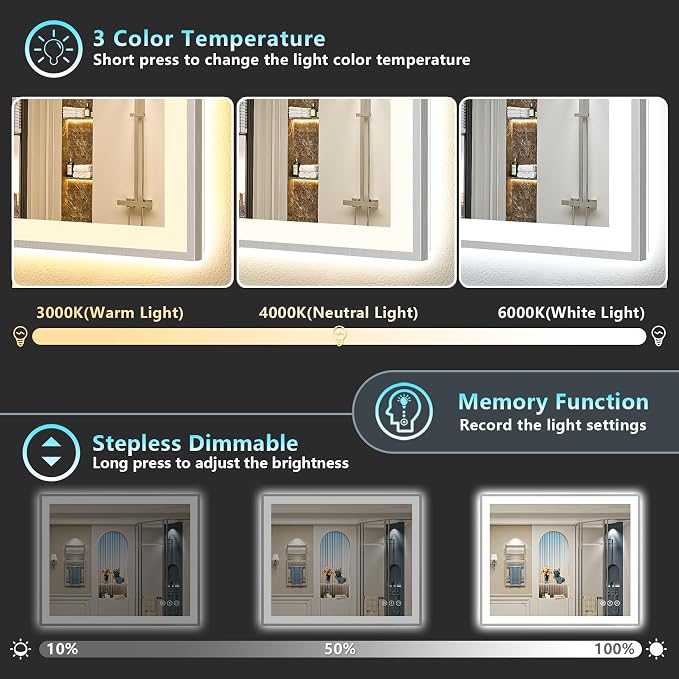 44x36 Inch Brushed Nickel LED Bathroom Mirror, Backlit & Front Lit | Silver Framed Anti-Fog Lighted Vanity Mirror with Lights, 3 Color Dimmable, Memory, HD Tempered Glass, CRI95, IP54, UL Listed