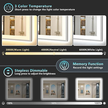 40x32 Inch Brushed Nickel LED Bathroom Mirror, Backlit & Front Lit | Silver Framed Anti-Fog Lighted Vanity Mirror with Lights, 3 Color Dimmable, Memory, HD Tempered Glass, CRI95, IP54, UL Listed