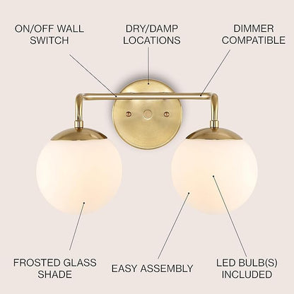 JONATHAN Y 15" Brass Gold Modern Globe Wall Sconce Vanity Light for Bathroom, White Frosted Glass Shade, Midcentury Parisian Bistro Wall Lamp, LED Bulb Included (JYL3535A)