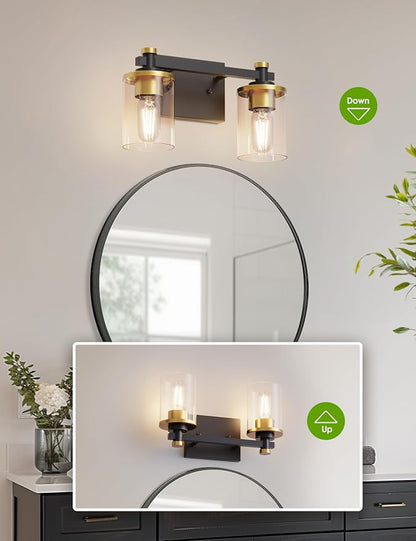 Bathroom Light Fixture, Bathroom Vanity Light Over Mirror, 2-Lights | Vanity Lights for Bathroom, Modern Lighting Fixtures with Clear Glass Shade, Black and Gold Vanity Lights, ETL Listed