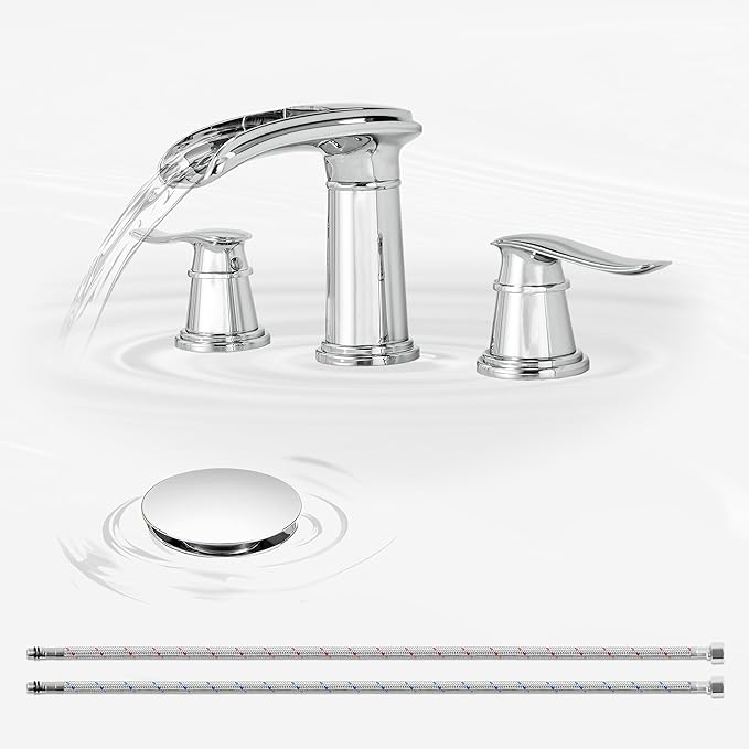 BWE Waterfall Bathroom Faucet, Chrome 8 Inch Widespread Bathroom Sink Faucet Two-Handle Waterfall, Metal Pop-up Drain Include, for Vanity, Lavatory Sink