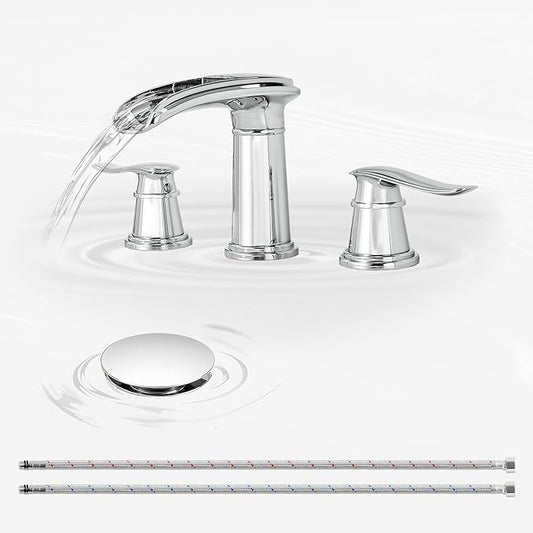 BWE Waterfall Bathroom Faucet, Chrome 8 Inch Widespread Bathroom Sink Faucet Two-Handle Waterfall, Metal Pop-up Drain Include, for Vanity, Lavatory Sink