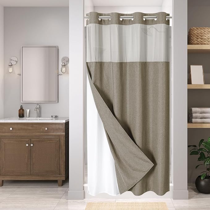 eachope No Hook Fabric Shower Curtain with Snap-in Liner,54x80 Khaki/Tan | Linen Texture,230GSM Thick Fabric,Hotel Luxury Decor,Mesh Window,Waterproof & Machine Washable,for Shower Stall or Bathroom