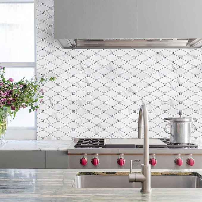 STICKGOO 10 Sheets Peel and Stick Backsplash, Calacatta | Aluminum Composite Wall Tiles, PVC Mixed Glass, Self Adhsive Tiles for Kitchen, Bathroom, Fireplace, RV