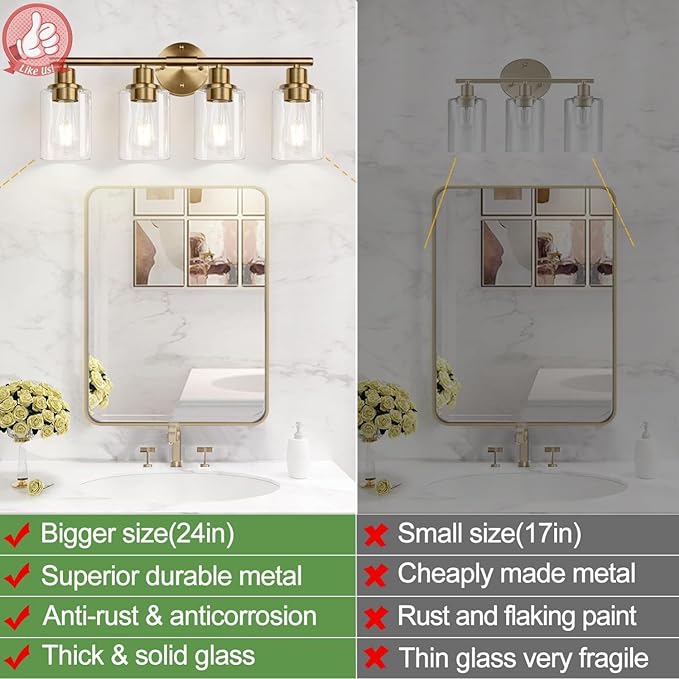 4-Light Bathroom Light Fixtures, Brushed Brass Modern Vanity Lights with Cyan Glass Shades, Bathroom Wall Lamp for Mirror Kitchen Living Room