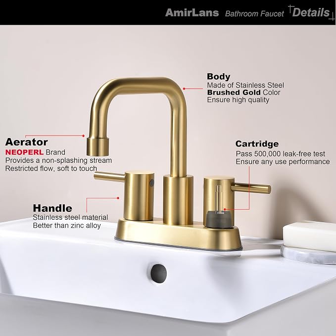 Brushed Gold 4 Inch Centerset Bathroom Faucet 2 or 3 Hole | Stainless Steel 2 Handle Gold Bathroom Sink Faucet for Bathroom, Restroom, Vanity, Rv