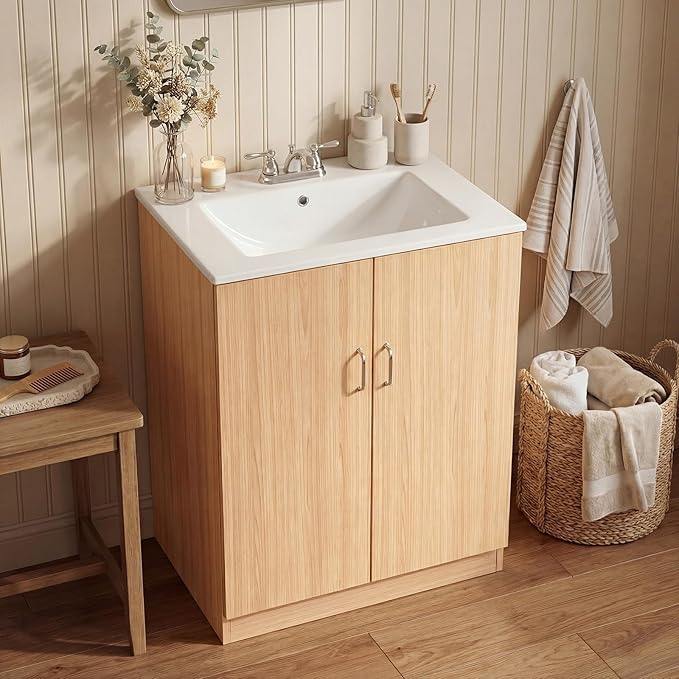 Sweetcrispy 24" Modern Bathroom Vanity with Ceramic Basin, Undermount Vanity Sink Cabinet with 2 Doors and 1 Inner Drawer, Free Standing Bathroom Storage Cabinet with Sink Combo Set, Classic Wood