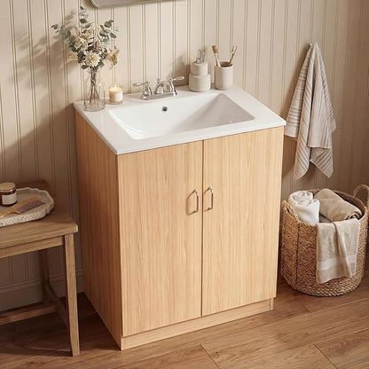 Sweetcrispy 24" Modern Bathroom Vanity with Ceramic Basin, Undermount Vanity Sink Cabinet with 2 Doors and 1 Inner Drawer, Free Standing Bathroom Storage Cabinet with Sink Combo Set, Classic Wood