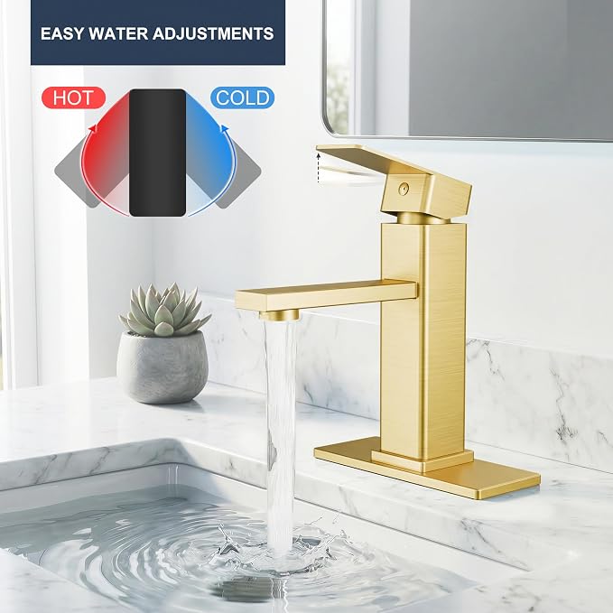 Brushed Gold Bathroom Faucet, Design with Pop-Up Drain | Single Handle Square Modern Stainless Steel, 1 or 3 Hole Installation for Farmhouse, Bathroom Sink, Vanity, Washbasin, RV