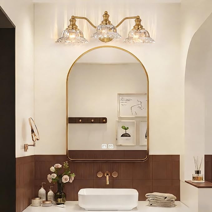 Brass Bathroom Light Fixtures Over Mirror, 3 Light Vintage Bathroom Vanity Light Fixture with Clear Flower Glass Shades, Retro Gold Wall Sconce E26 Vanity Lights for Bathroom Living Room