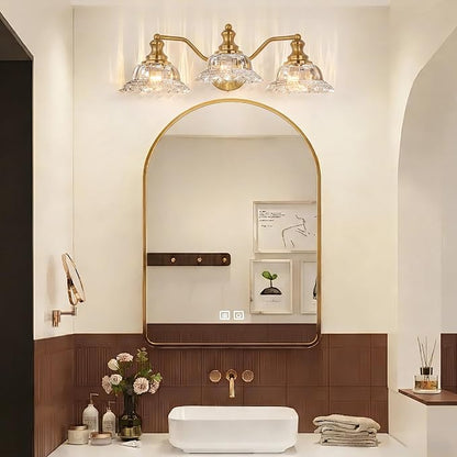 Brass Bathroom Light Fixtures Over Mirror, 3 Light Vintage Bathroom Vanity Light Fixture with Clear Flower Glass Shades, Retro Gold Wall Sconce E26 Vanity Lights for Bathroom Living Room