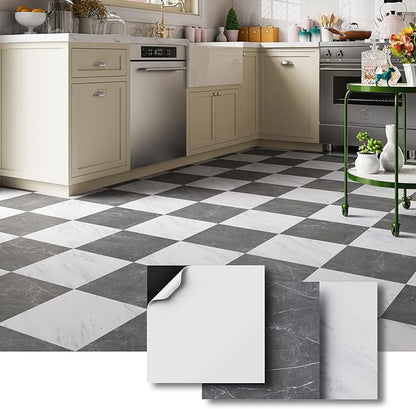 ATOPOSE Peel and Stick Vinyl Floor Tiles,10-Pack 12x12 Inch,Self Adhesive Waterproof Flooring Planks for Kitchen, Dining Room,Bathroom,Vestibule,Cover 10 Sq. Ft(Grey/White Marble,15 Tiles Per Color)