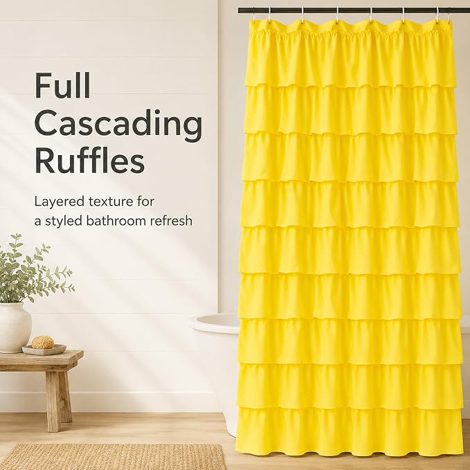 Yellow Shower Curtains for Bathroom, 36x72 Inch, Cascading Tiered Ruffles | Soft Ruffled Edge Detailing, 36 x 72, Delicate Ruched Microfiber Texture, 12 Hooks Included, Machine Washable, Bathroom Focal