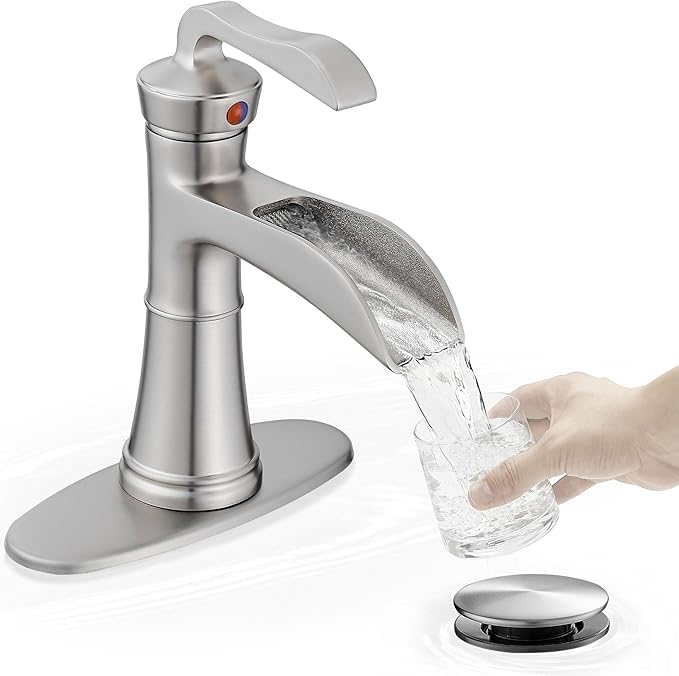 Brass Waterfall Bathroom Faucets Brushed Nickel, Single Hole Bathroom Faucet, 4 Inch 3 Hole Bathroom Sink Faucet Single Handle with Deck Plate, Pop-up Drain and Supply Hoses