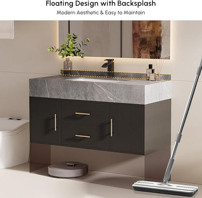 39.3" Floating Bathroom Vanity with Undermount Sink – Black Walnut & Gold, Sintered Stone Countertop, Soft-Close Drawers, Space-Saving Wall-Mount Design Ideal for Modern Bathrooms