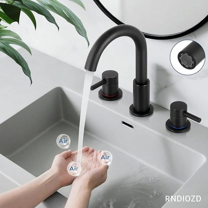 Black 8 Inch Widespread Bathroom Faucet 3 Hole with Pop-up Drain | 2 Handle, 8 Inch 3 Hole Sink, 360° Swivel Spout, RV Vanity, Quick Connect, Supply Hoses, NSF372 NSF61 cUPC