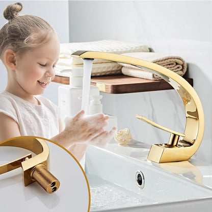 Shiny Polished Gold Bathroom Sink Faucet, Unique Design and Pop Up Drain