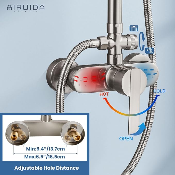 Airuida Exposed Shower System, 8 Inch Rainfall Shower Head with Handheld Spray, Single Handle Wall Mount Shower Faucet Set, Solid Brass Dual Function Exposed Pipe Fixture for Bathroom,Brushed Nickel