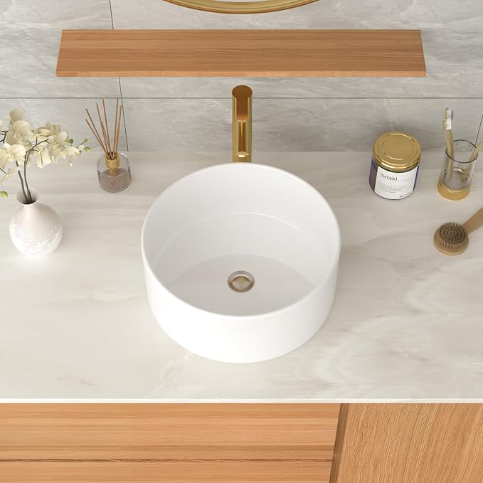 White Bathroom Vessel Sink Ceramic Vanity Art Basin Above Counter | 15"x15" Round Bathroom Sink Porcelain Vessel Vanity Sink