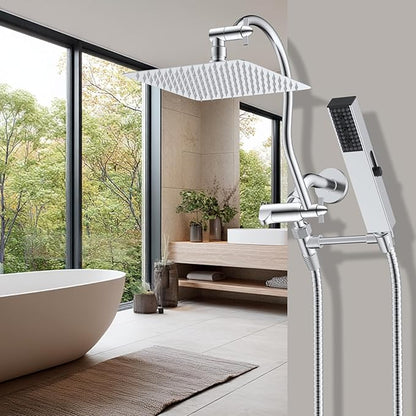 Hibbent All Metal cUPC Certified Shower Head, 10'' High Pressure Rainfall Shower Head, Showerhead Combo, Handheld Shower Wand, 12'' Adjustable Extension Arm, 4-Spray, 71'' Hose, Shower Holder, Chrome