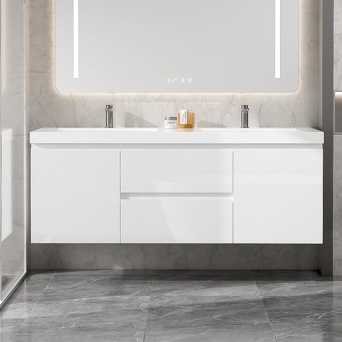 60 Inch Floating Bathroom Vanity with Double Sink, Large Storage Wall Mounted Floating Vanity with 2 Soft Close Drawers & 2 Doors, One-Piece Basin Bathroom Sink Cabinet, Glossy White, Double sink