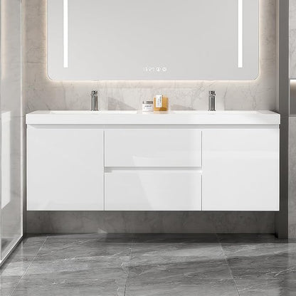 60 Inch Floating Bathroom Vanity with Double Sink, Large Storage Wall Mounted Floating Vanity with 2 Soft Close Drawers & 2 Doors, One-Piece Basin Bathroom Sink Cabinet, Glossy White, Double sink